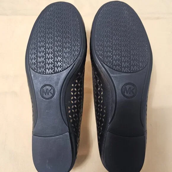 Michael Kors Fulton Liana Black Perforated Leather Flats Gold MK Logo Size 6 - Picture 11 of 11